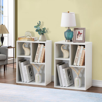 (Set of 2) Modern Small Cube White Bookcase, 2-Tier Vertical Horizontal Irregular Open Shelf Bookcase