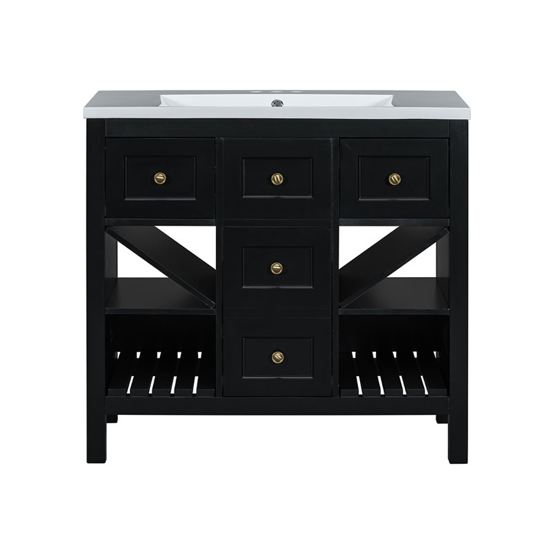 Armoire de rangement pour salle de bain avec lavabo en résine et 5 tiroirs, Noir, noir, noir, noir