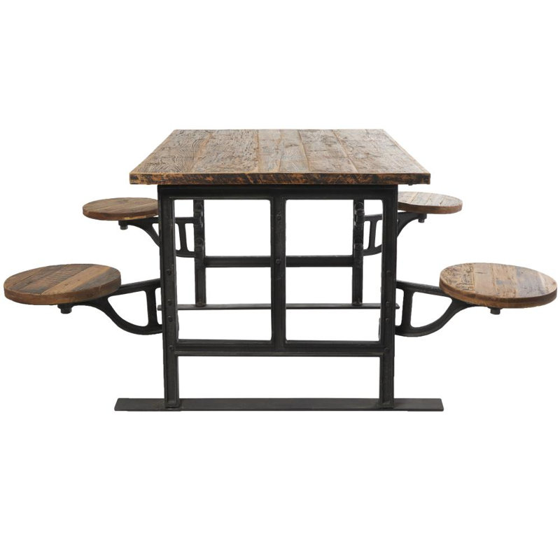 Teak Wood Dining Table with Attached Seats, Brown, Gray, 31" H x 51" W x 35"L