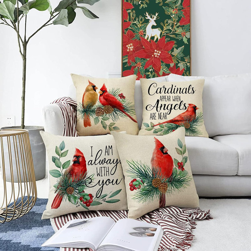 Housses de coussin Cardinal Bird - rouge - 18 x 18 po / ensemble de 4 / pomme de pin et baie