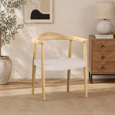 Mid-Century Modern Ash Wood Arm Chair with Handmade Flat Rope Weave and Durable Design, Perfect for Indoor and Outdoor Use.