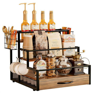 Countertop Coffee Syrup Rack Organizer, 4-Tier Wooden Holder Stand With 36 K Cup Storage Drawer For Coffee Bar Accessories,Condiment Storage Shelves For Kitchen,Home,Office,Restaurant