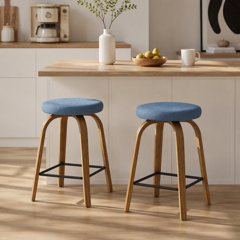 Swivel Bar Stools Set Of 2, Counter Height Backless 26″ Bar Stools, Fabric Upholstered Seat, Sturdy Wood Legs And Metal Footrest, Mid-Century Modern Island Stools For Home Bars, Restaurants, Blue