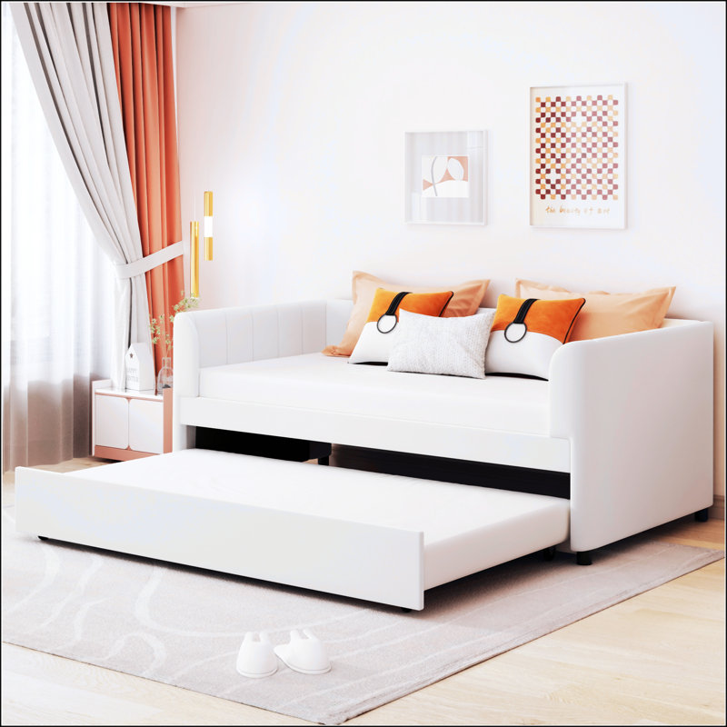 Twin Size Upholstered Daybed With Ergonomic Design Backrest And Trundle, White