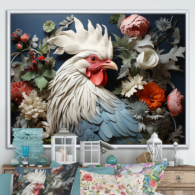 «Loyal Flower Rooster Portrait», reproduction sur toile, Cadre flottant blanc, H 12 po x l 20 po x P 1 po