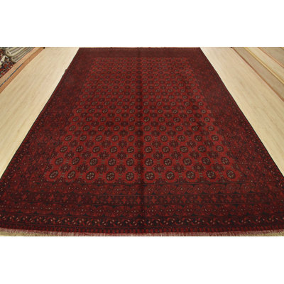 Tapis oriental en laine rouge noué à la main 9 pi 9 po x 12 pi 7 po Turkmen