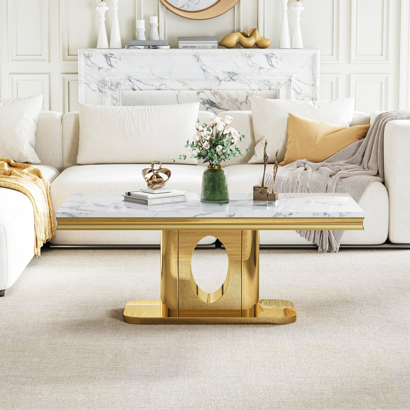 Modern Marble Coffee Table, 46.85" Rectangular Faux Marble, Luxury Mirrored Round Hollow Stainless Steel Base, Cocktail Table, Center Table