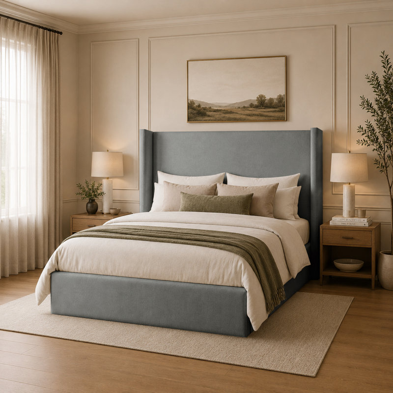 Upholstered Velvet Bed, Kingsize (5'), Grey