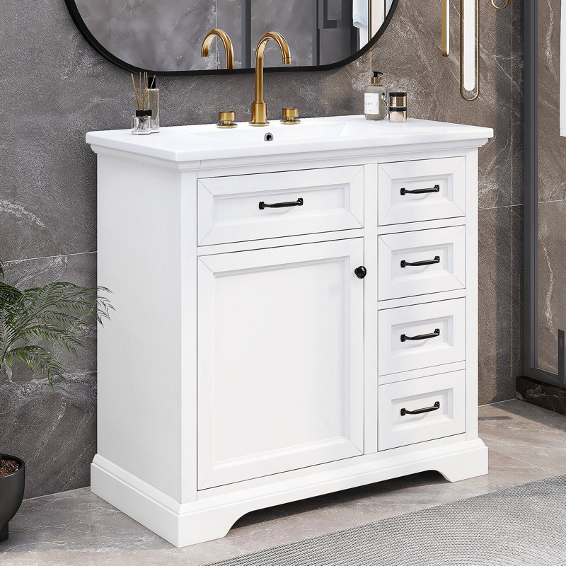 Meuble-lavabo avec lavabo, lavabo en céramique Aghanliss, 2 tiroirs rabattables, charnières de porte à fermeture en douceur