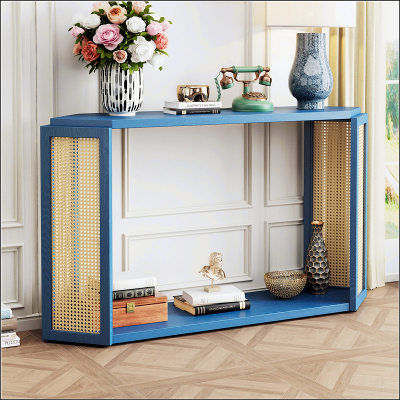 Console étroite avec plateau unique et irrégulier, Bleu antique