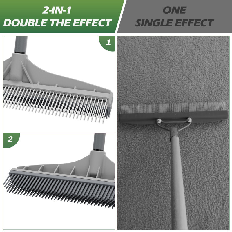 2 in 1 Carpet Rake for Pet Hair Removal, Adjustable Long Handle Rug Rake with Nylon Groomer Brush, Fluffs Shag Rugs, Stairs, Mats & Floors