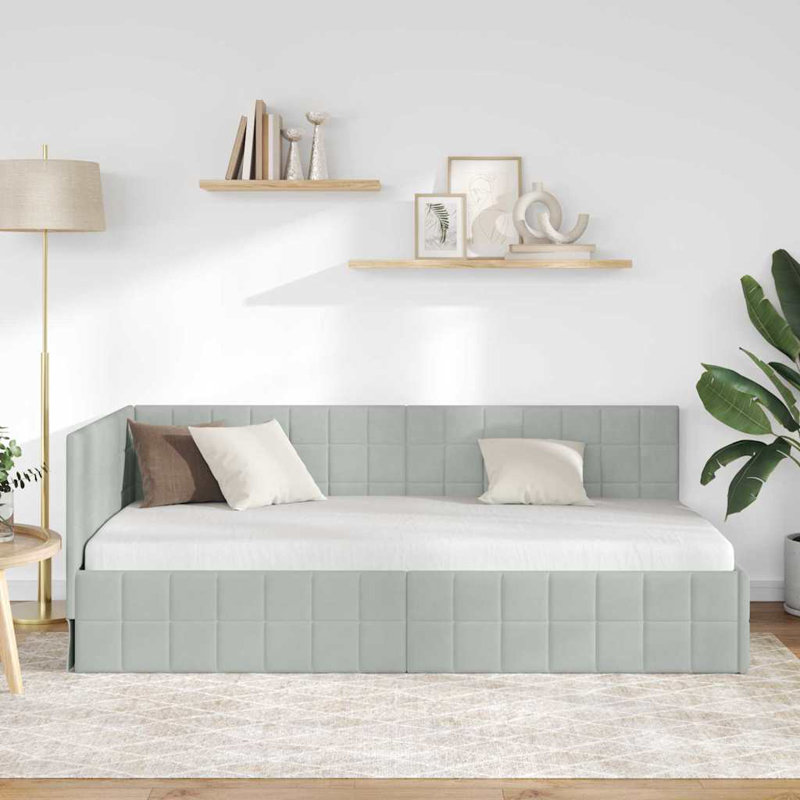 Corner Bed Frame With Headboard Velvet, European Single (90 x 200 cm), Light Grey