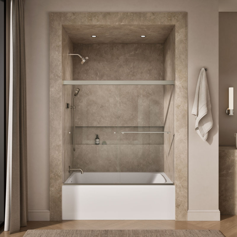 Revel 59.63'' x 55.5'' Double Sliding Bath Door with CleanCoat® Technology, Crystal Clear, Anodized Brushed Nickel
