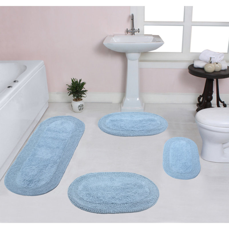 Eveland Runner 100% Cotton Non-Slip 4 Piece Bath Rug Set, Blue