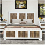 Queen Size Farmhouse Platform Bed with Wooden Strip Decoration and Plywood Slats Support