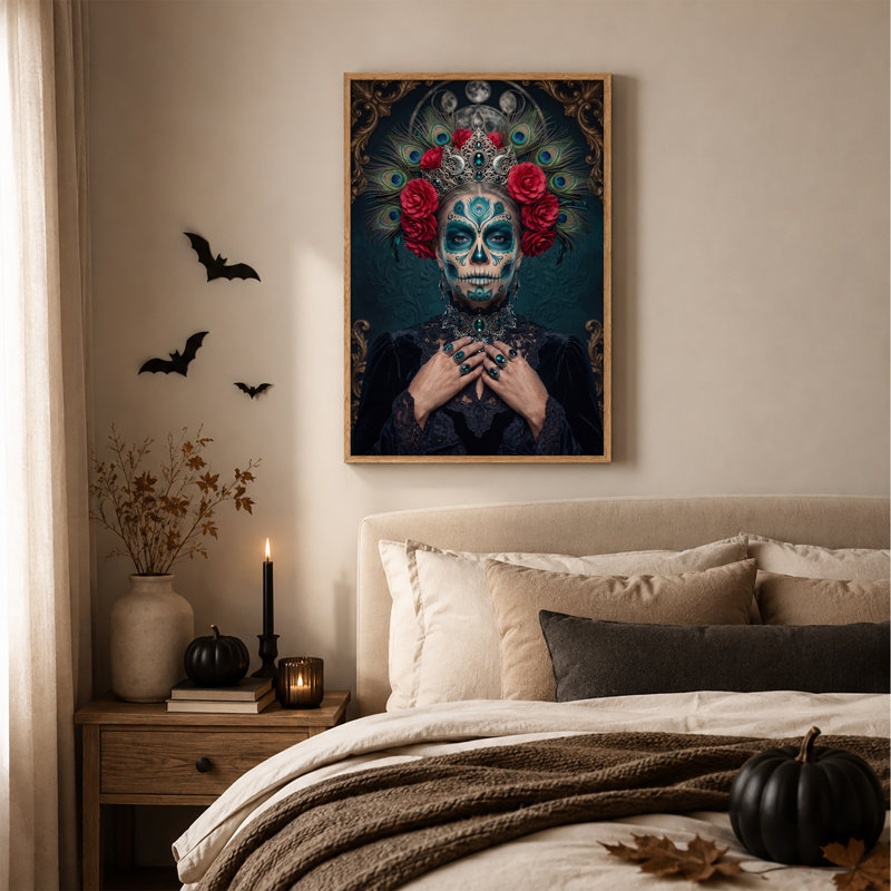 Art mural sur toile bleu sarcelle avec des roses rouges et un paon, H 48 po x l 32 po