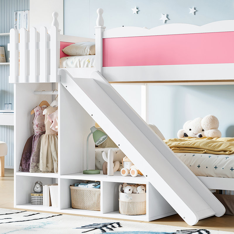 Lit double sur lit double avec rangement, panneau de fibres à densité moyenne en bois