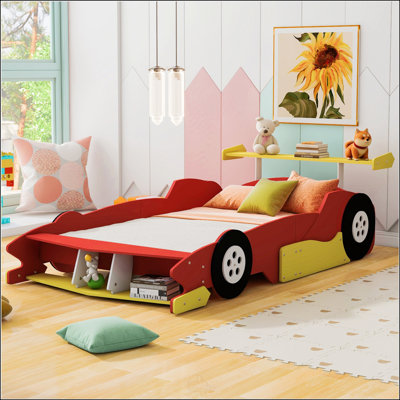 Lit plateforme pleine grandeur en forme de voiture de course avec roues, conception durable et amusante pour les chambres d'enfants