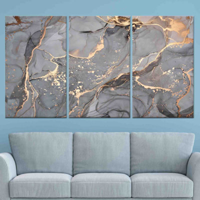 Impression sur toile abstraite grise et dorée: art mural moderne, toile tendue 3P