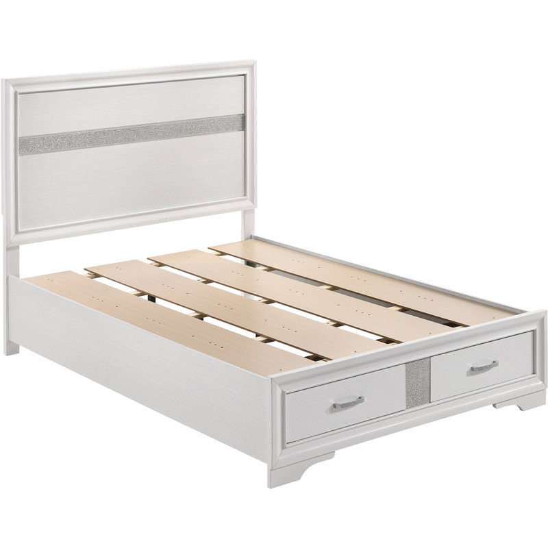 Lit à panneau double blanc avec compartiments intégrés, attrait intemporel pour la décoration de la chambre à coucher, fonction de poignées, bois franc asiatique et panneau de particules, rangement à compartiments longs de 77,32 po, look polyvalent