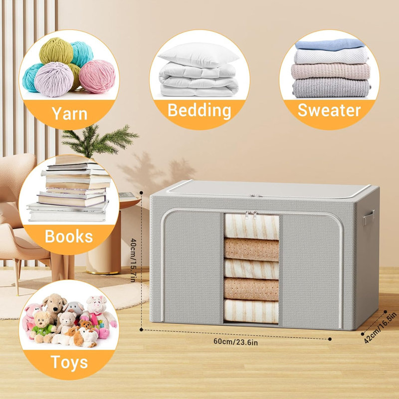 3 packs Clothes Storage Bins with Metal Frame Foldable Storage Box Clothes Organizers Storage Containers for Clothes Sheets Blankets Books Toys Gifts and Holiday Decorations (100L)