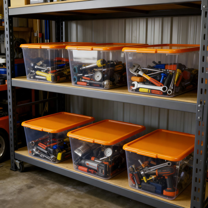 Sac de rangement transparent 14,5 gallons avec couvercles orange, ensemble de 4 bacs empilables en plastique pour l'organisation de placard et de garage