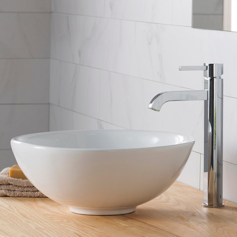 White Ceramic Round Vessel Sink with Chrome Faucet