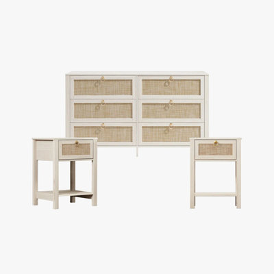Boho Rattan 3 Piece Bedroom Set, 6-drawer Dresser And 1-drawer Nightstands