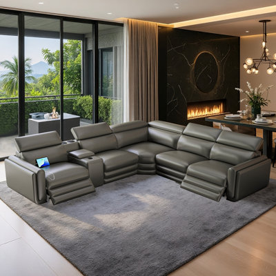 Oversized 5-Seater Dual Power Reclining Sectional Sofa With Console, Bluetooth Speakers & Storage, Leathaire Upholstery