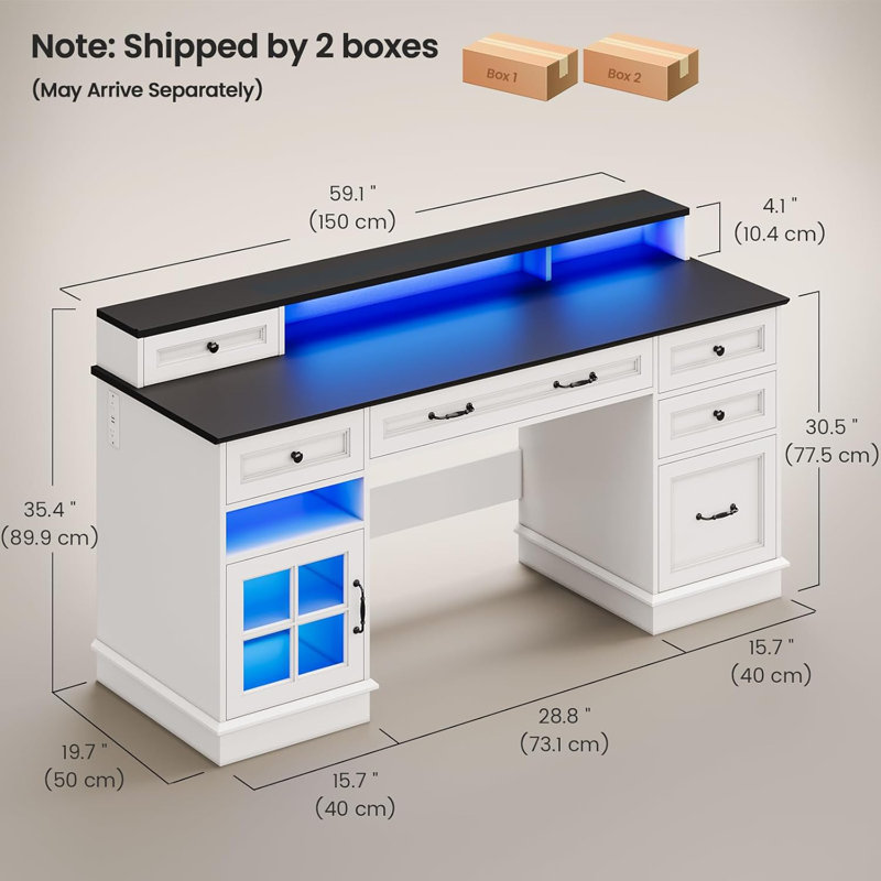 Bureau d'ordinateur 59 po avec 5 tiroirs et station de charge, bureau de ferme pour bureau personnel, Blanc
