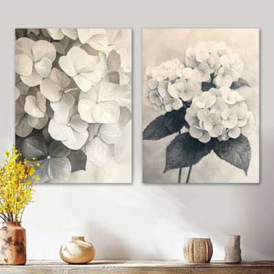 Hortensia rétro en monochrome I - ensemble de 2 décorations murales en métal blanc nature
