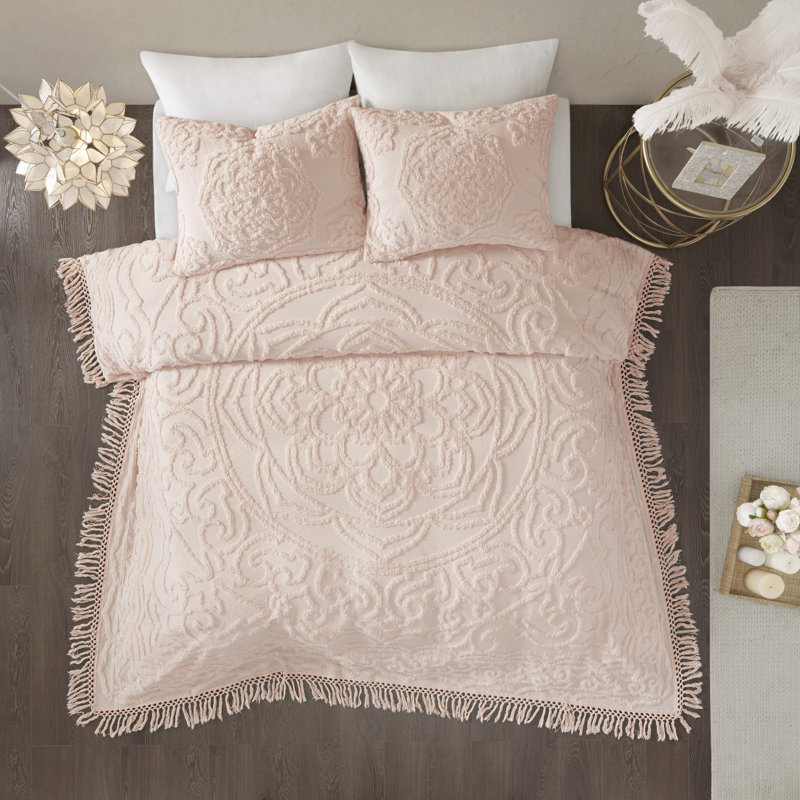 Laetitia Tufted Chenille Cotton Medallion Fringe Coverlet Set, Queen Coverlet + 2 Standard Shams, Blush