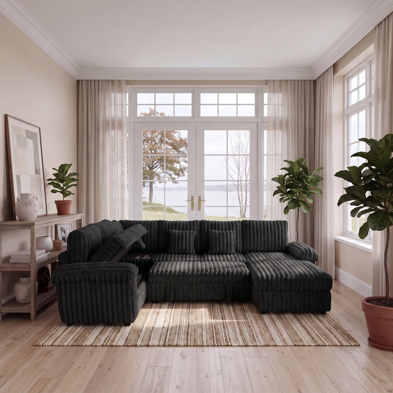 Canapé modulaire en U de 103 po avec rangement, lit escamotable, table basse avec ports USB et porte-gobelets pour le salon