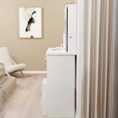 Petite table de coiffeuse blanche de style américain avec tiroir gauche, miroir coulissant droit, rangement multi-couches et tabouret rembourré pour espaces de 50,4 po de hauteur