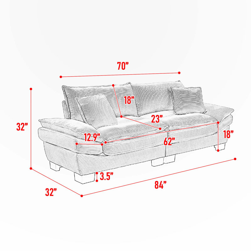 Renville 84" Upholstered Pillow-Top Arm Loveseat Sofa with 2 Throw Pillows, Beige