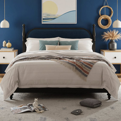 King Size Black Wood Platform Bed with Velvet Upholstered Headboard, Solid Wood Frame, Modern Turned Post Design, 600 lb Capacity, Slat Support, No Box Spring Needed