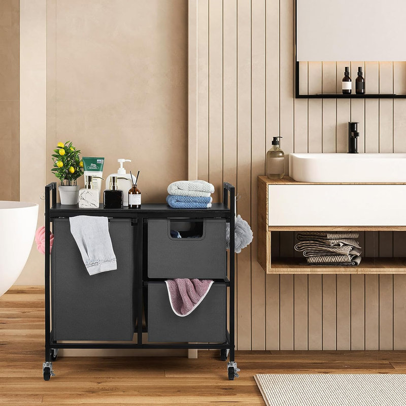 Trieur de linge roulant en métal avec poignées et, Noir / brun