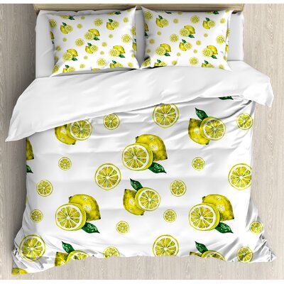 Modern Lemon Figures with Slices and Leaves Summer Season Fresh Fruit Watercolor Duvet Cover Set -  Ambesonne, nev_31918_king