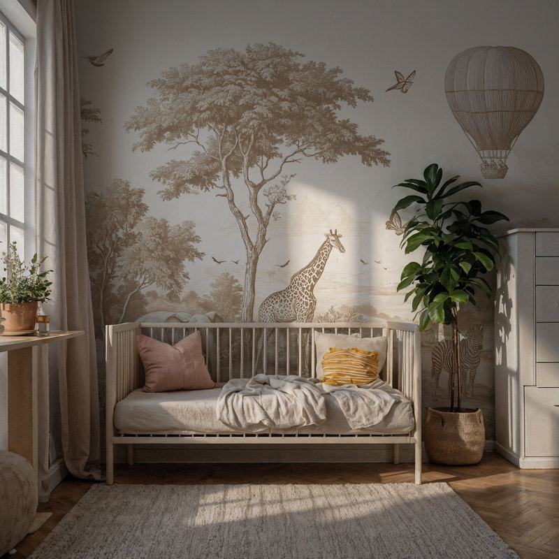 Murale beige en toile Safari | Papier peint adhésif avec éléphant et girafe neutre | Décoration murale de salle de bain amovible pour chambre de bébé