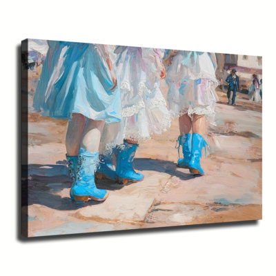 Vintage Oil Painting Of Girls In Dresses With Bright Blue Cowboy Boots, Large Gallery Wrapped Canvas Wall Art Print For Living Room Bedroom