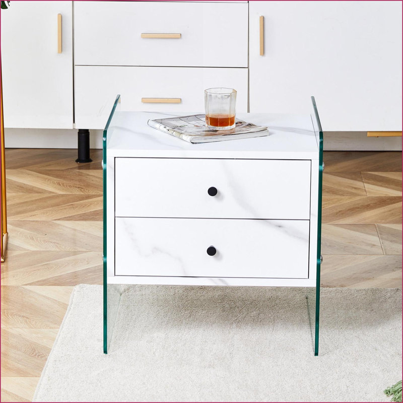 Table de chevet à double tiroir avec verre trempé Panneau de fibres à densité moyenne - Rangement pour chambre à coucher moderne