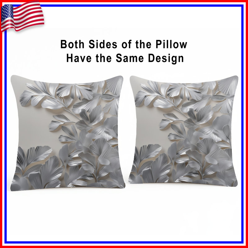 Silver Metallic Leaves Double Sided Throw Pillows, 16 x 16 inches