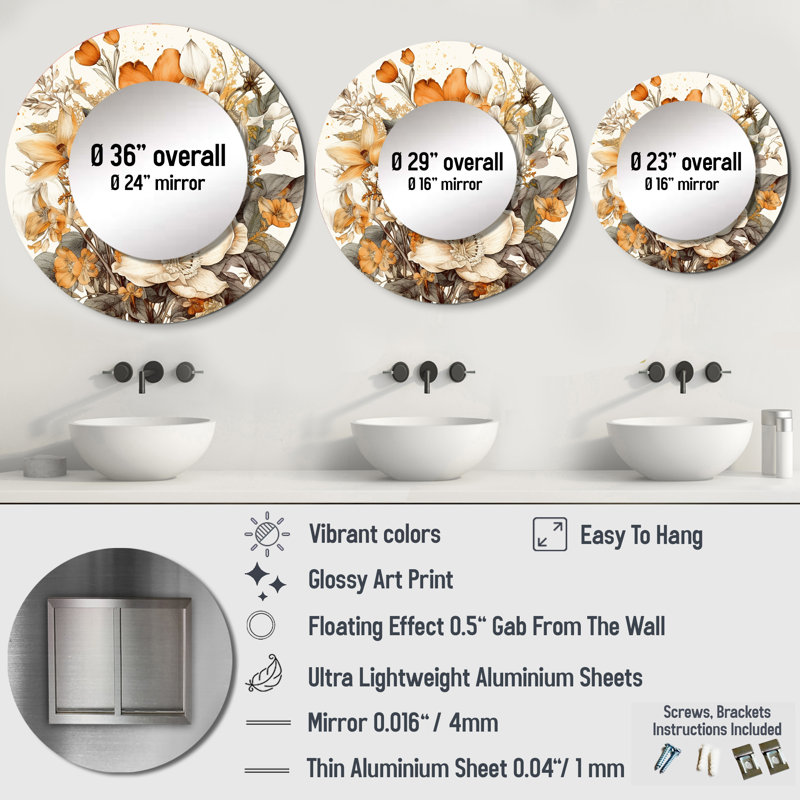 Palak Cream And Orange Flowers Bouquet Interpretation II - Bouquet Wall Mirror, Cream Round Decorative Mirror, Printed Metal Art