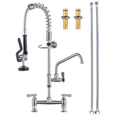 28.9 Inch Brass Deck Mount Commercial Kitchen Faucet with Pre-Rinse Sprayer
