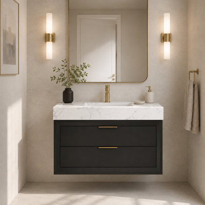 Meuble-lavabo mural moderne de 91 cm (36 po) avec comptoir en marbre, lavabo encastré en porcelaine, trop-plein et éclairage à détecteur de mouvement