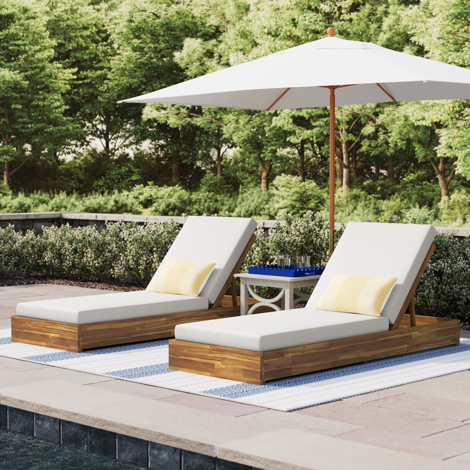 Donnie 30" Acacia Patio Chaise Lounge Set, Cream Cushion/Teak Frame, Set of 2