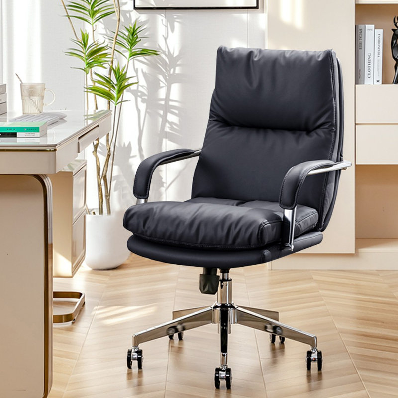 Silver Hight adjustable Genuine Leather + Faux Leather + Steel Office Chair, Black