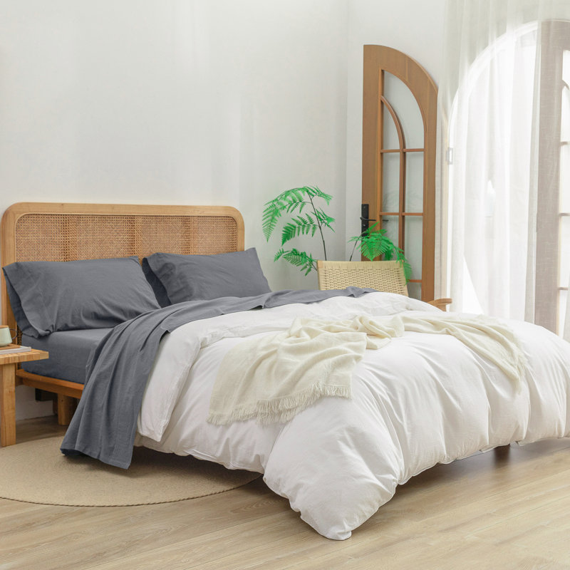 BESTOUCH Sheet Set 100% Washed Cotton Linen Feel Lightweight, Quiet Shade Gray, Twin Sheet Set with 1 Pillowcase