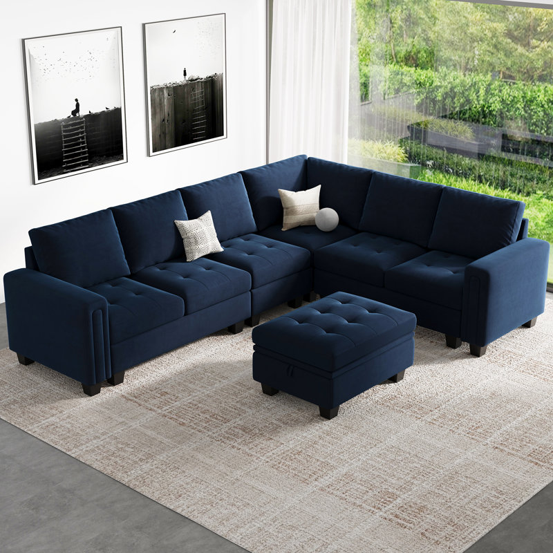 Shavera 6 - Piece Velvet Sectional Sofa L Shaped Modular Couch Living room Corner Sofa with Storage Ottoman, Blue Velvet