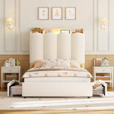 Structure de lit tapissier avec éclairage DEL, ports USB, casiers latéraux et 2 tiroirs de rangement sous le lit, lit plateforme moderne crème
